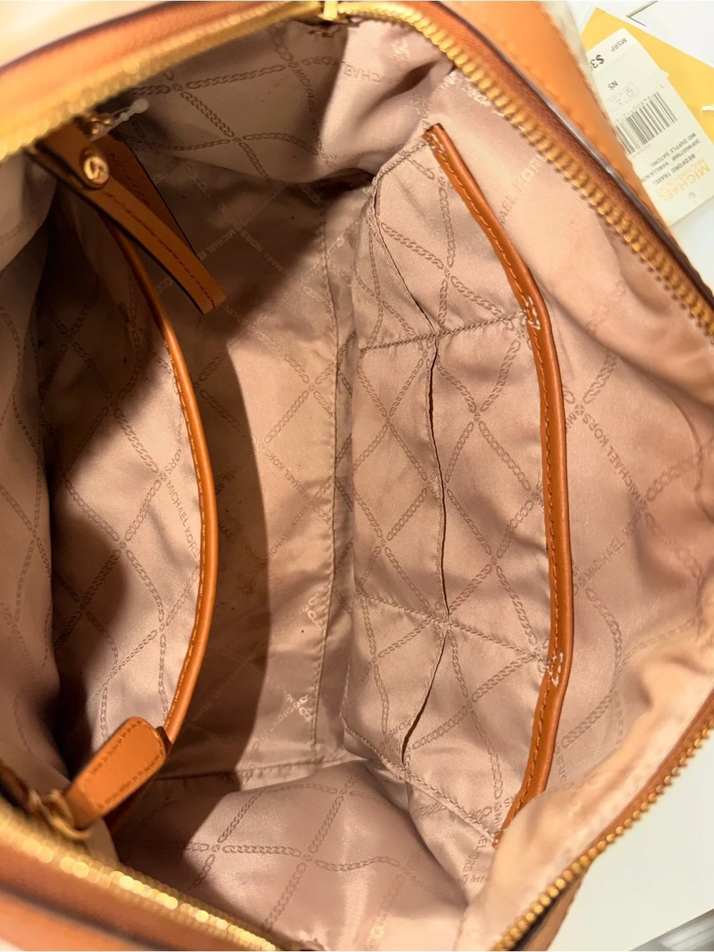 Michael Kors Tan and White Signature Stripe Satchel